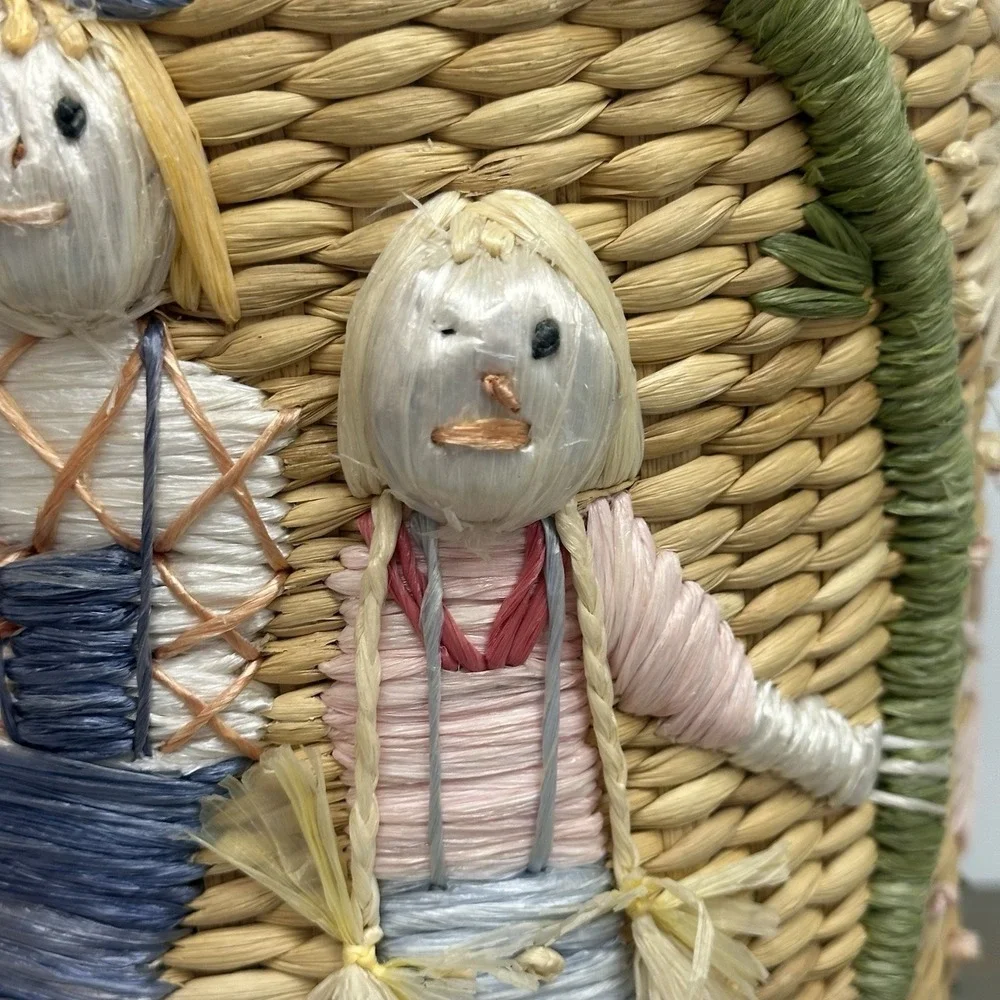 Vintage Woven Straw Raffia Lined Basket Embroidered Scarecrow Whimsical Fall